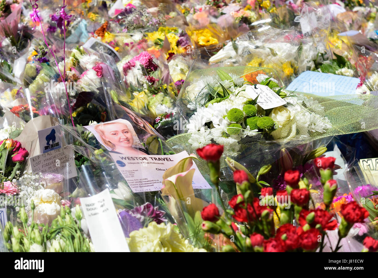 Manchester, Regno Unito. 26 maggio 2017. L'oceano di omaggi floreali cresce in St Ann's Square nel cuore del centro citta'.Le persone di tutte le estrazioni sono state arrivando a pagare i loro aspetti alle vittime di lunedì l'attacco terroristico. Credito: Ian Francesco/Alamy Live News Foto Stock