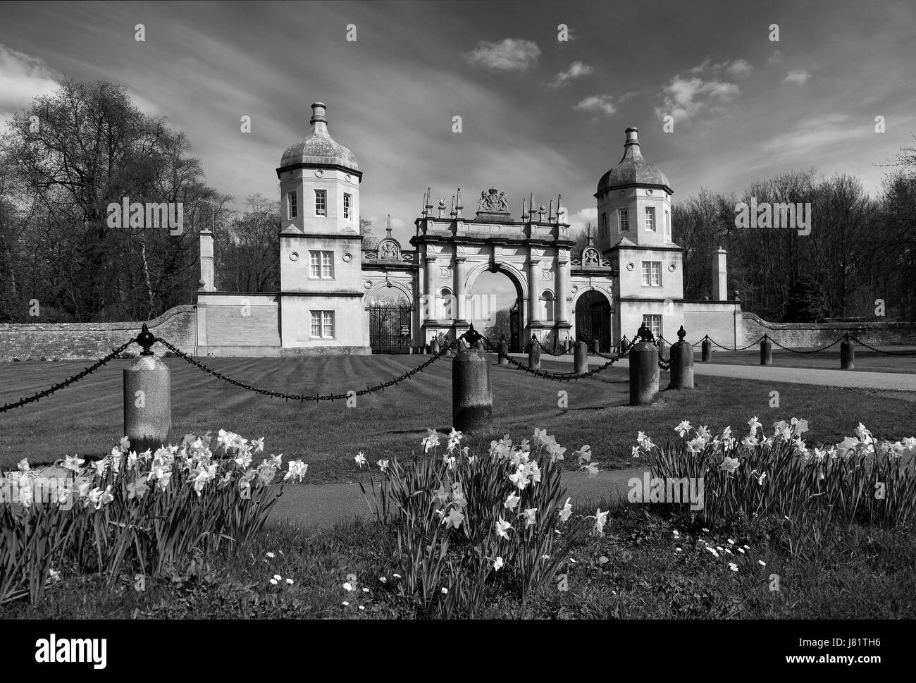 La molla narcisi, la Bottiglia di cancelli, Burghley House casa nobiliare, Cambridgeshire, England, Regno Unito Foto Stock