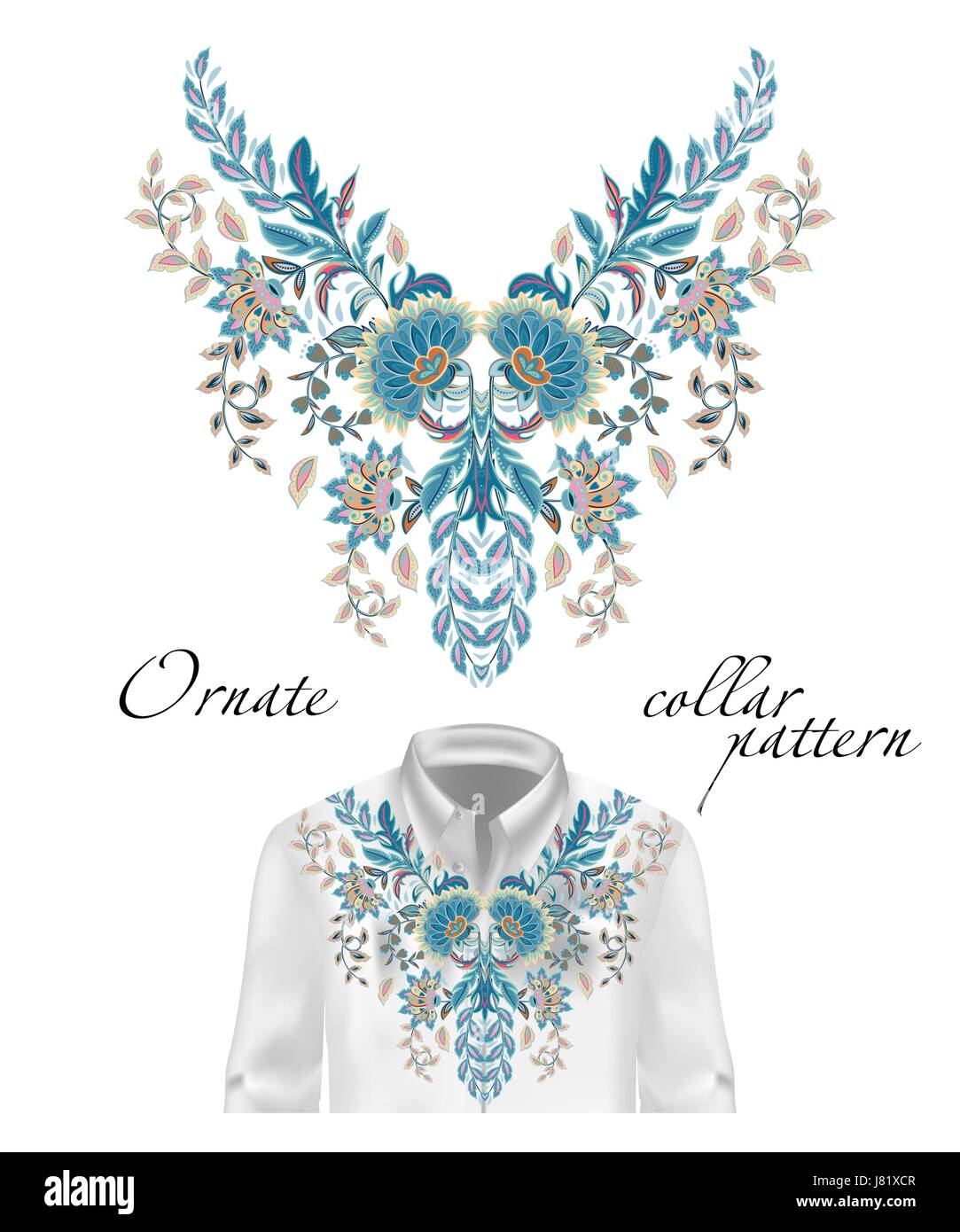 Vettore di ricamo fiori etnici modello di collo. Fiore blu grafica design moda indossando. Presentato sulla camicia bianca formato. Illustrazione Vettoriale