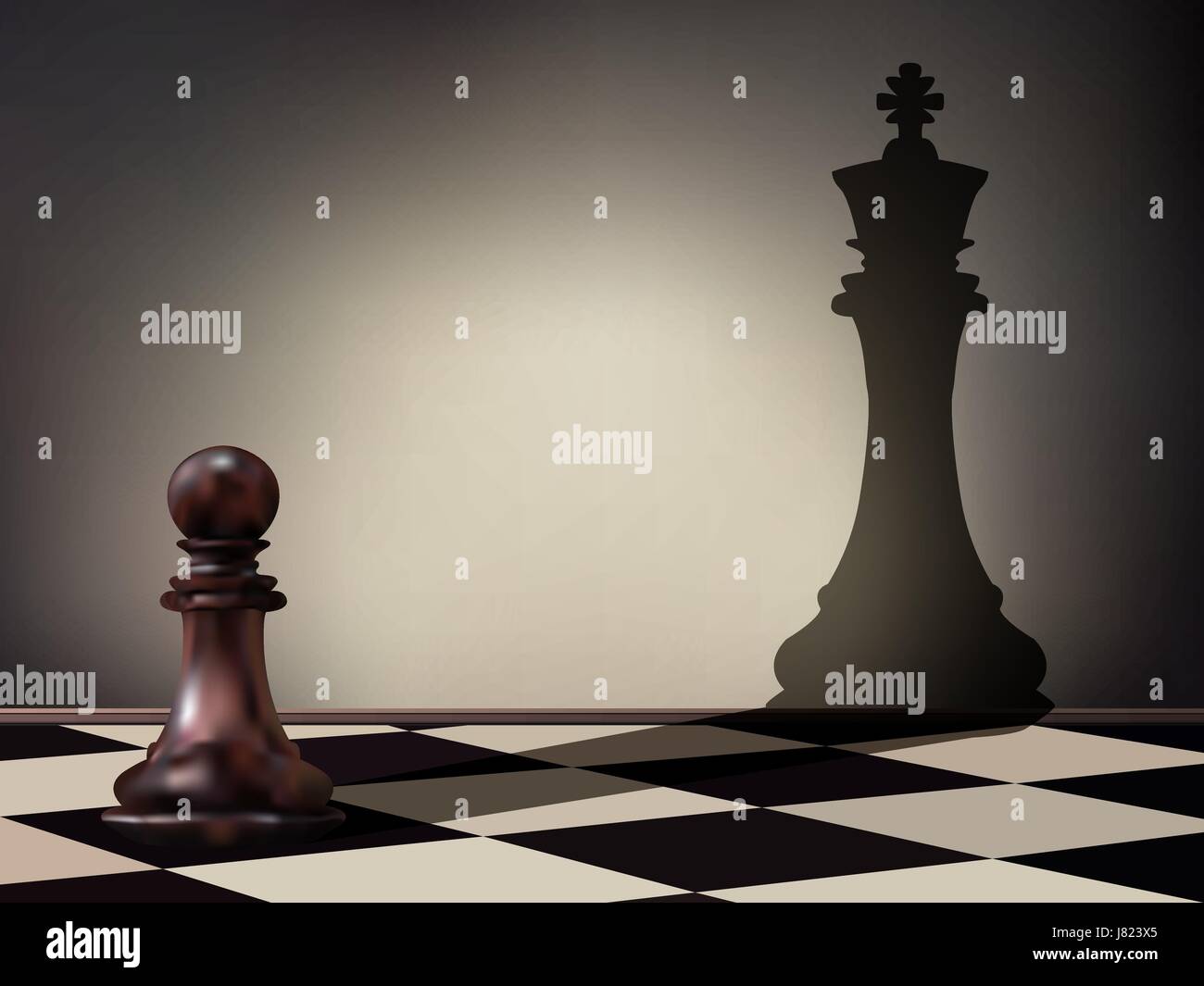 Illustrazione Vettoriale come una pedina pezzo degli scacchi colata di un re figura ombra sul muro. Le aspirazioni di business e il concetto di leadership. Magica transformatio Illustrazione Vettoriale