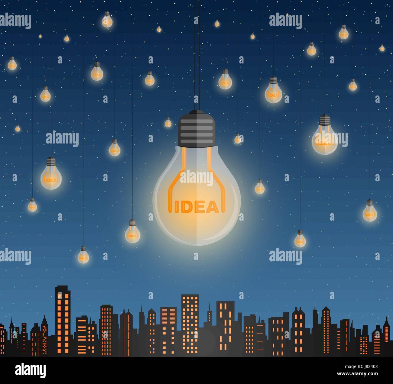 Surreale illustrazione vettoriale come molte lampadine con idea del testo all'interno di brillare su di megapolis come milioni di stelle. L'energia alternativa concetto. Illustrazione Vettoriale