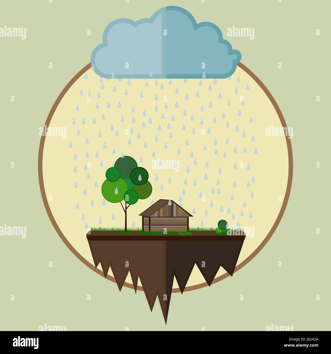 Flying island con una casa ed un albero come oasi di fattoria al di sotto di una nube con la caduta delle gocce di pioggia. Illustrazione Vettoriale, concetto ambientale. Illustrazione Vettoriale