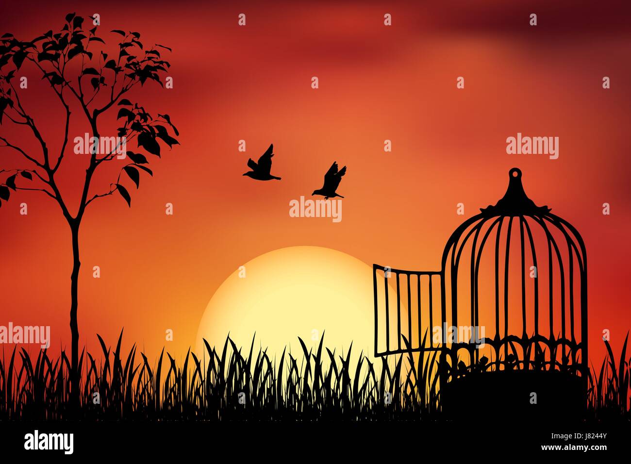Gli uccelli giovane fuggire da una gabbia, rilasciato per la natura. Bello e positivo illustrazione vettoriale su un arancione tramonto sullo sfondo. Libertà e insieme Illustrazione Vettoriale