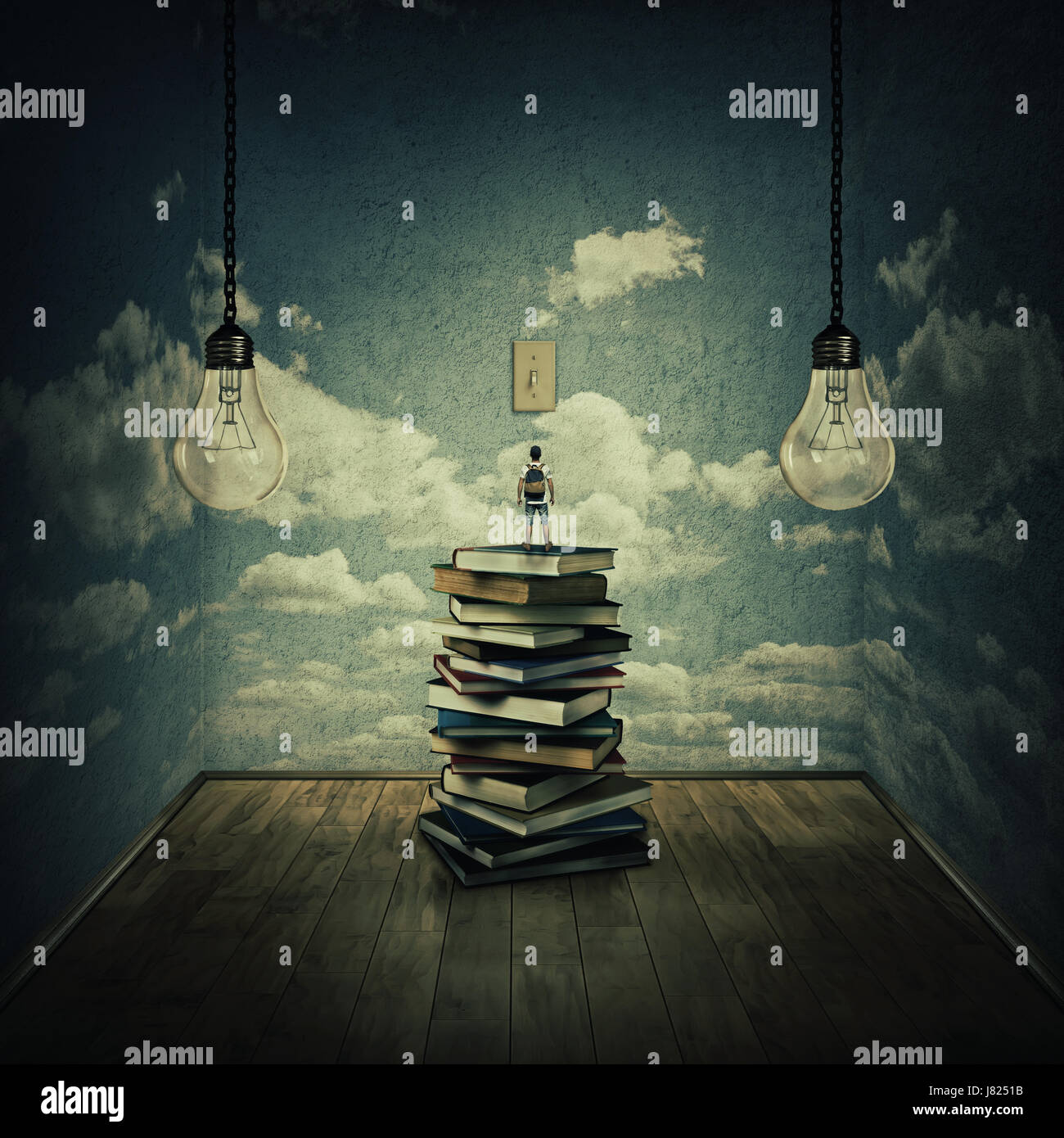Idea concetto con un ragazzo in piedi su una pila di libri cercando di swich le lampadine, circondato da pareti in calcestruzzo con texture nuvole come pensare l Foto Stock