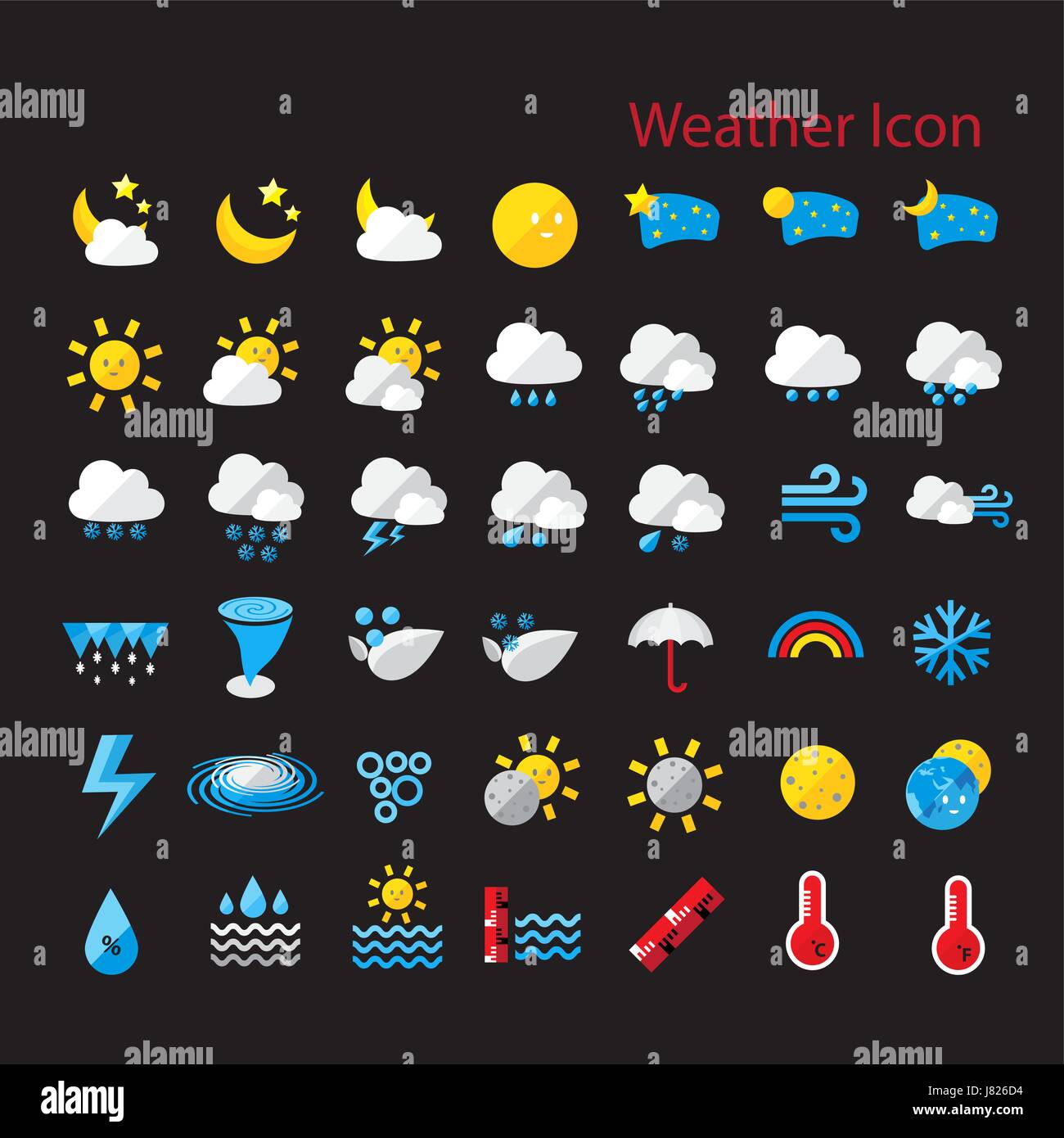 Uno stile piatto icona meteo set vettoriali per il web design, mobile, internet ,l'applicazione, illustrazioni, ecc. Illustrazione Vettoriale