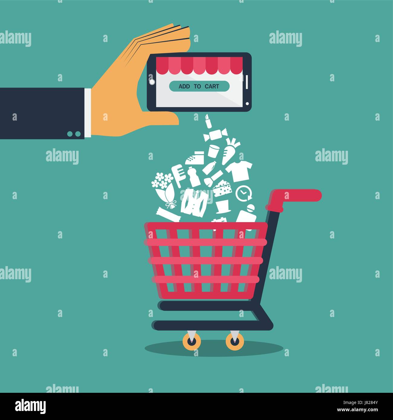 Design piatto per vettore shopping sul mobile o lo shopping online tramite applicazione sullo smartphone Illustrazione Vettoriale