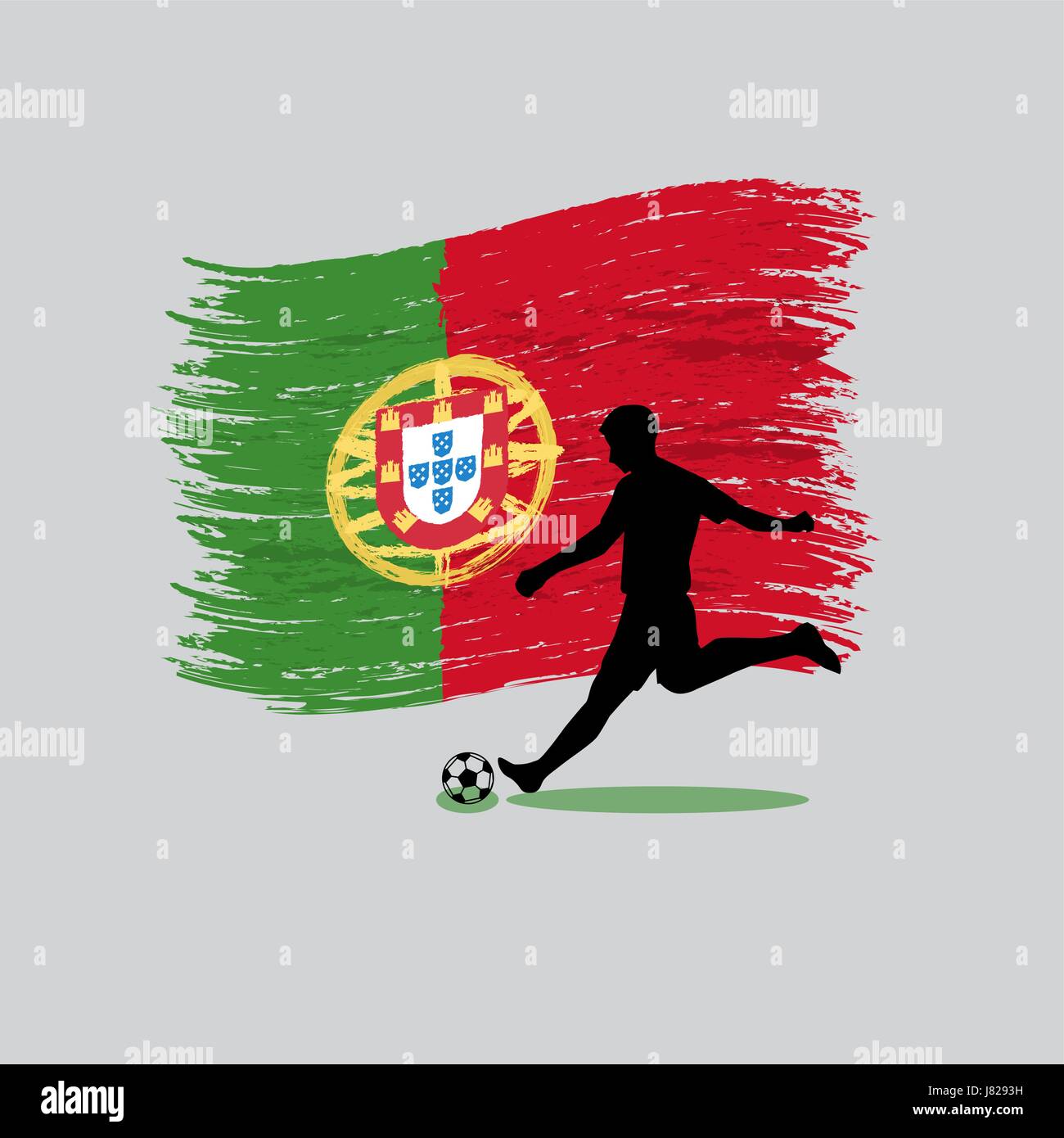 Giocatore di calcio azione con la Repubblica portoghese bandiera sullo sfondo Illustrazione Vettoriale