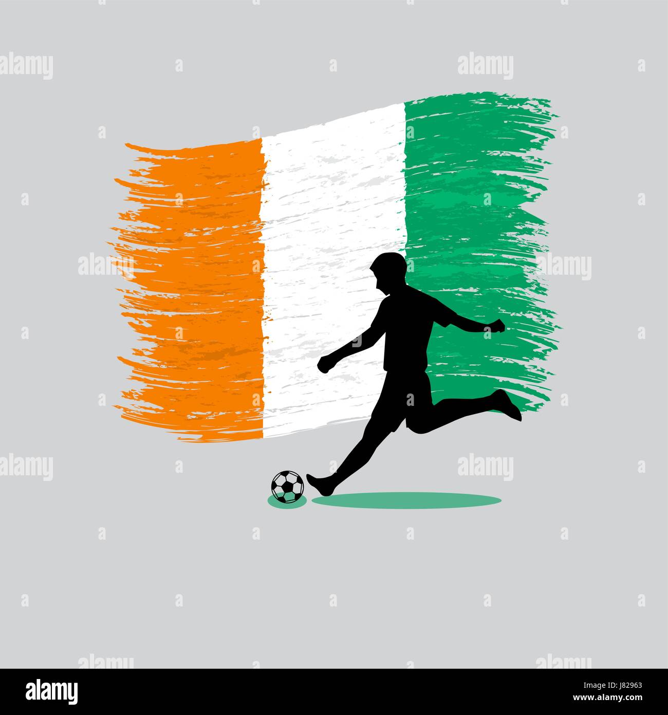 Giocatore di calcio azione con la bandiera della Costa d'Avorio sullo sfondo Illustrazione Vettoriale