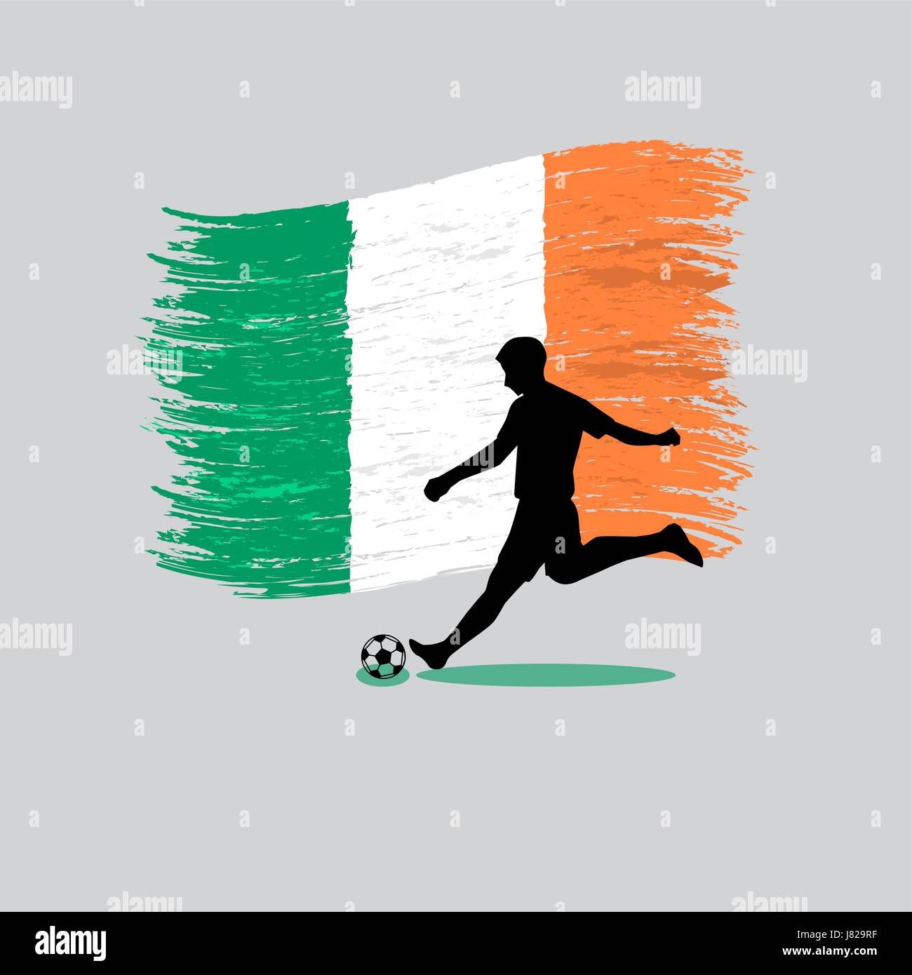 Giocatore di calcio azione con Repubblica di Irlanda bandiera sul vettore di fondo Illustrazione Vettoriale