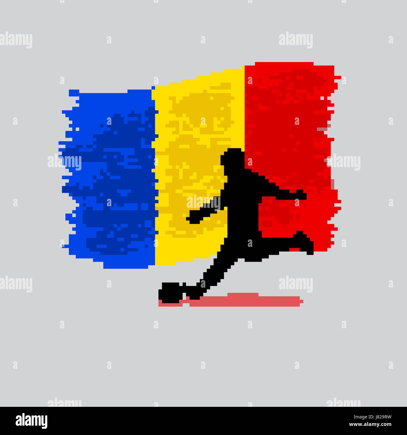 Giocatore di calcio azione con bandiera della Romania sul vettore di fondo Illustrazione Vettoriale