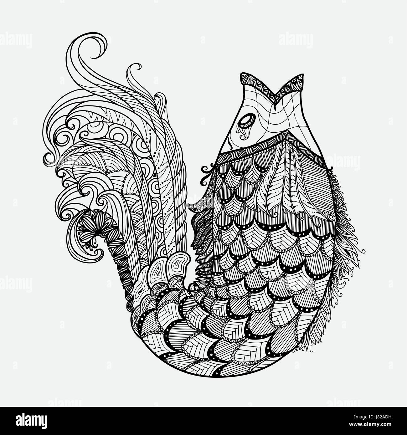 Disegnata a mano fantasia vettore di pesce in stile zentangle Illustrazione Vettoriale