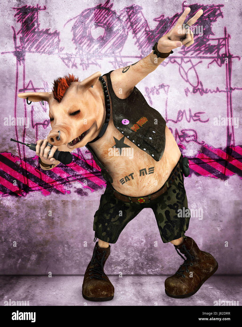 Cantante,piercing,demo,punk,dimostrazione,cartoon,tattoo,il maiale,rock,toon,punk rock Foto Stock