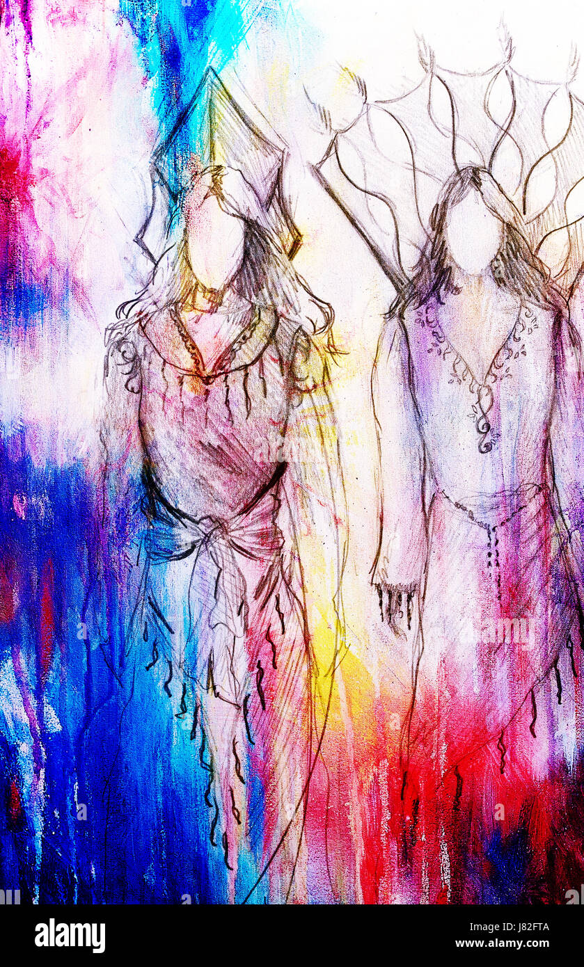 Schizzo di donna mistica nel bel vestito ispirato da medio evo design. Effetto colore. Foto Stock