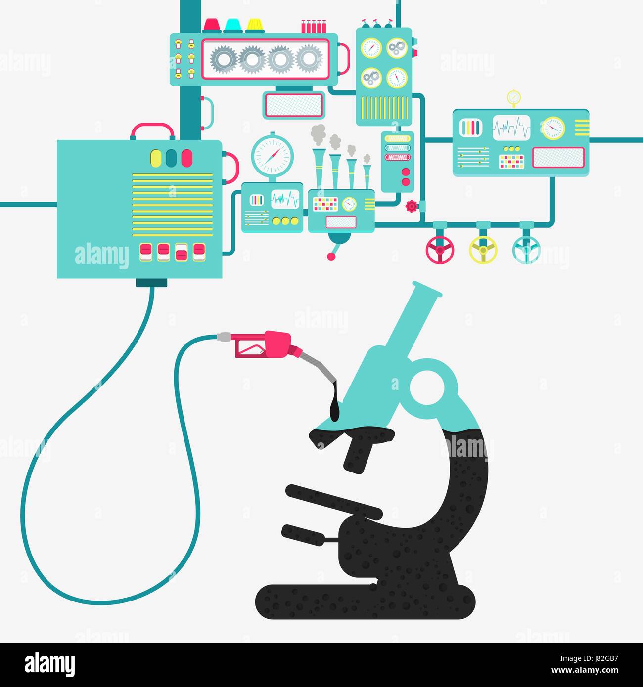 Macchinari di fabbrica la raffinazione di petrolio e il rifornimento di un microscopio. Microscopio essendo riempito con un olio con pompa a gas. Illustrazione Vettoriale