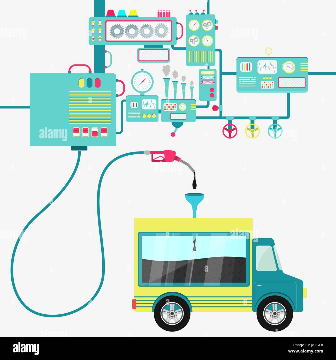 Macchinari di fabbrica la raffinazione di petrolio e il rifornimento di un carrello. Retro del carrello essendo riempito con un olio con pompa a gas. La benzina mostrato in una vetrina nella parte posteriore Illustrazione Vettoriale