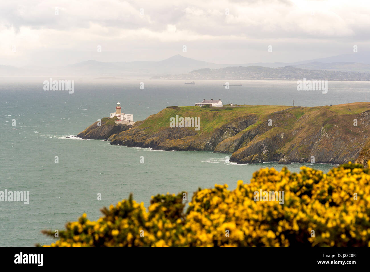 Vista del faro di Baily dal percorso a piedi lungo la scogliera di Howth a piedi con Dun Leary e colline di Wicklow nella massa posteriore Foto Stock