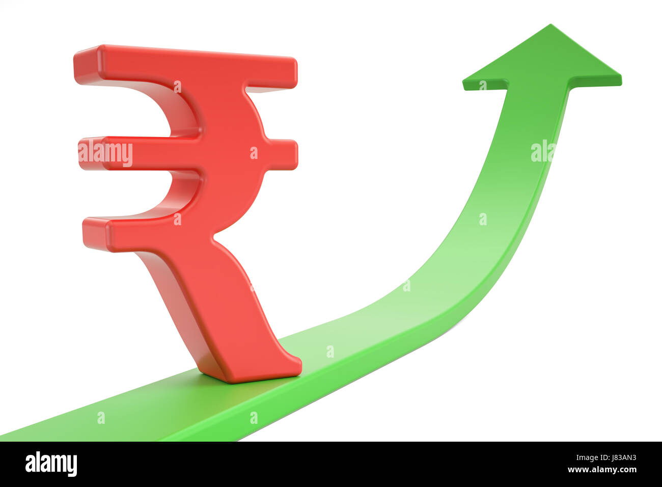 La crescita freccia verde con il simbolo della rupia, rendering 3D Foto Stock