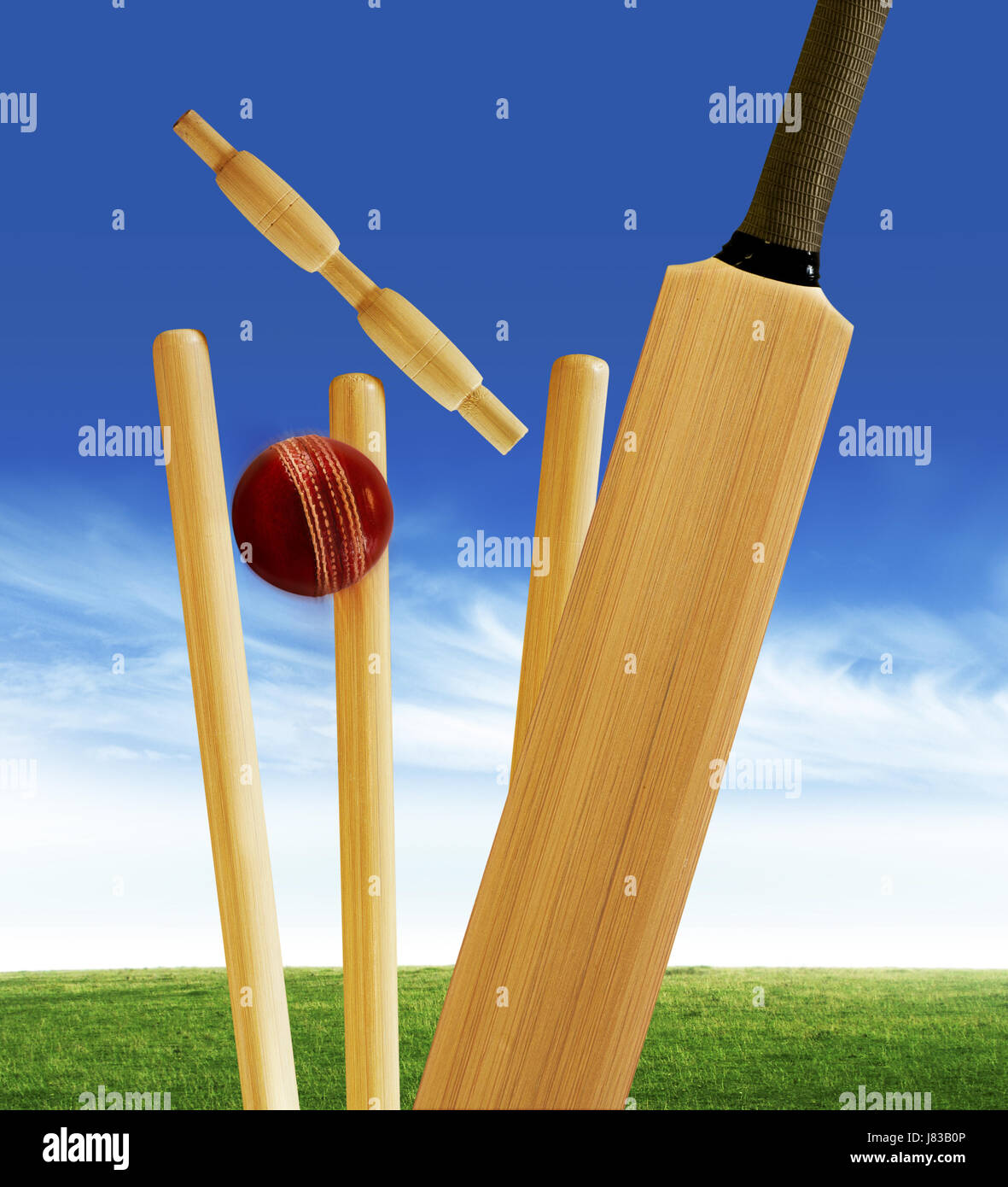 Sfera bat match rosso oggetti di cricket dettaglio Tempo libero Tempo libero Tempo libero Tempo libero Foto Stock