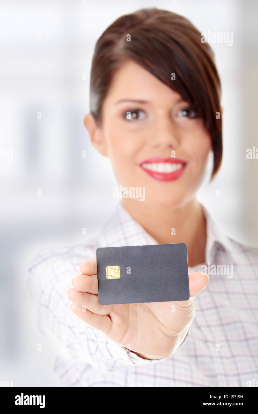 Donna gesto del prestito bancario istituzione pagare indicano mostra mano valuta femmina Foto Stock