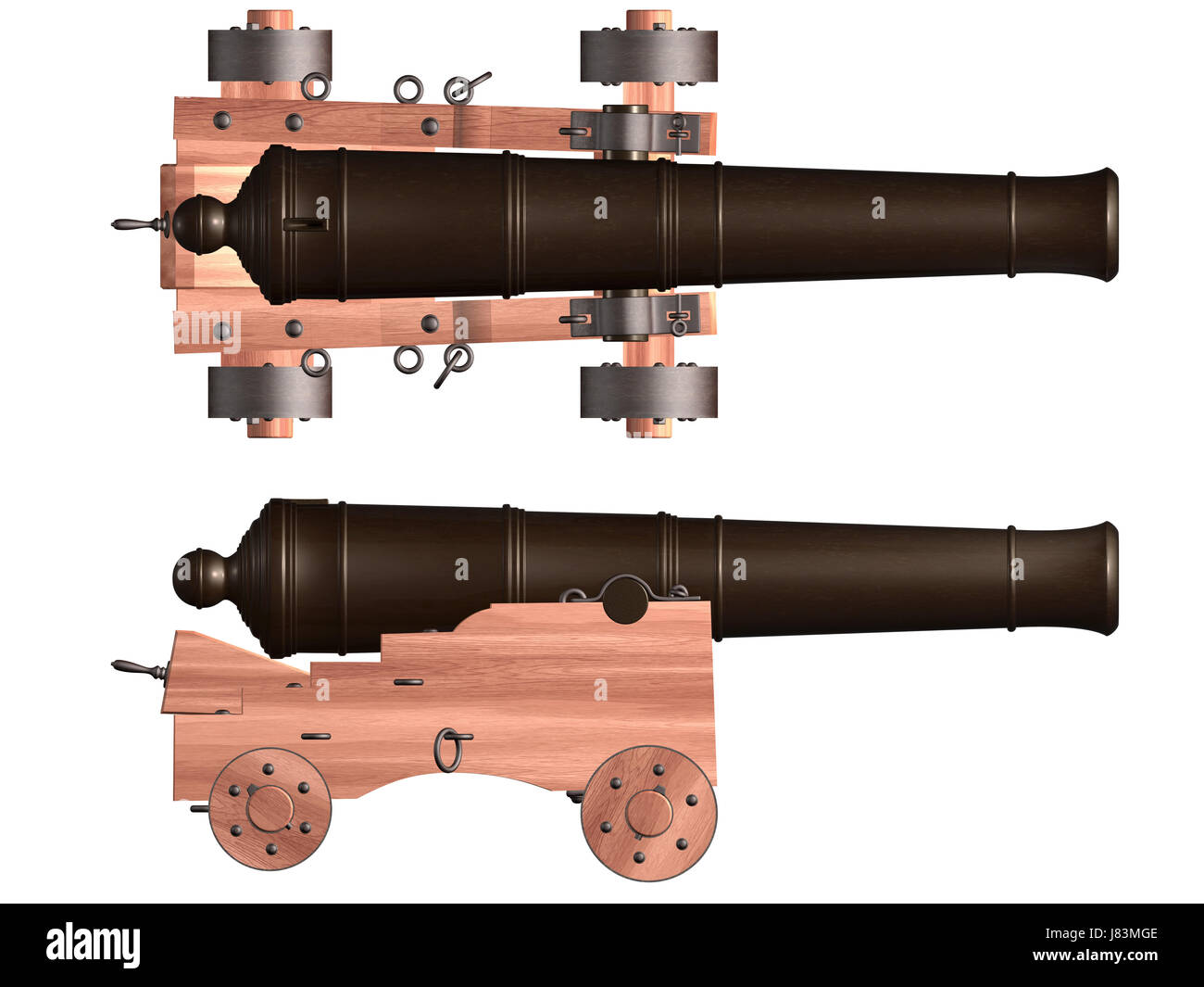Cannone di legno pistola arma da fuoco d'artiglieria braccio di bronzo arma storica marina isolato Foto Stock
