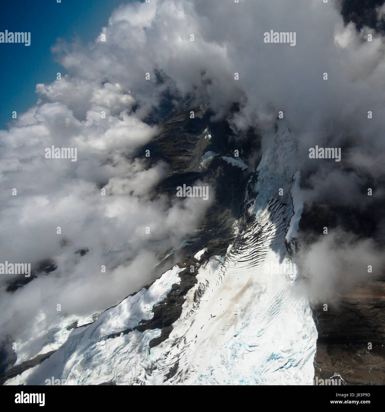 Volo sulle montagne della Nuova Zelanda glacier blu beauteously bello bello grande viaggio Foto Stock