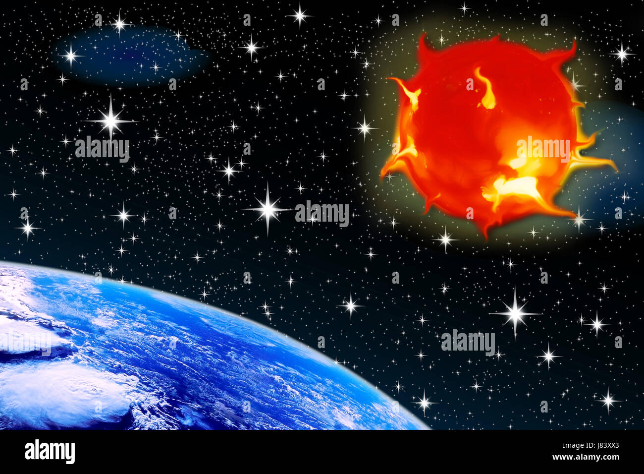 Eruzione di spazio mondo pianeta terra mondo stelle asterischi astronomia shine brilla Foto Stock