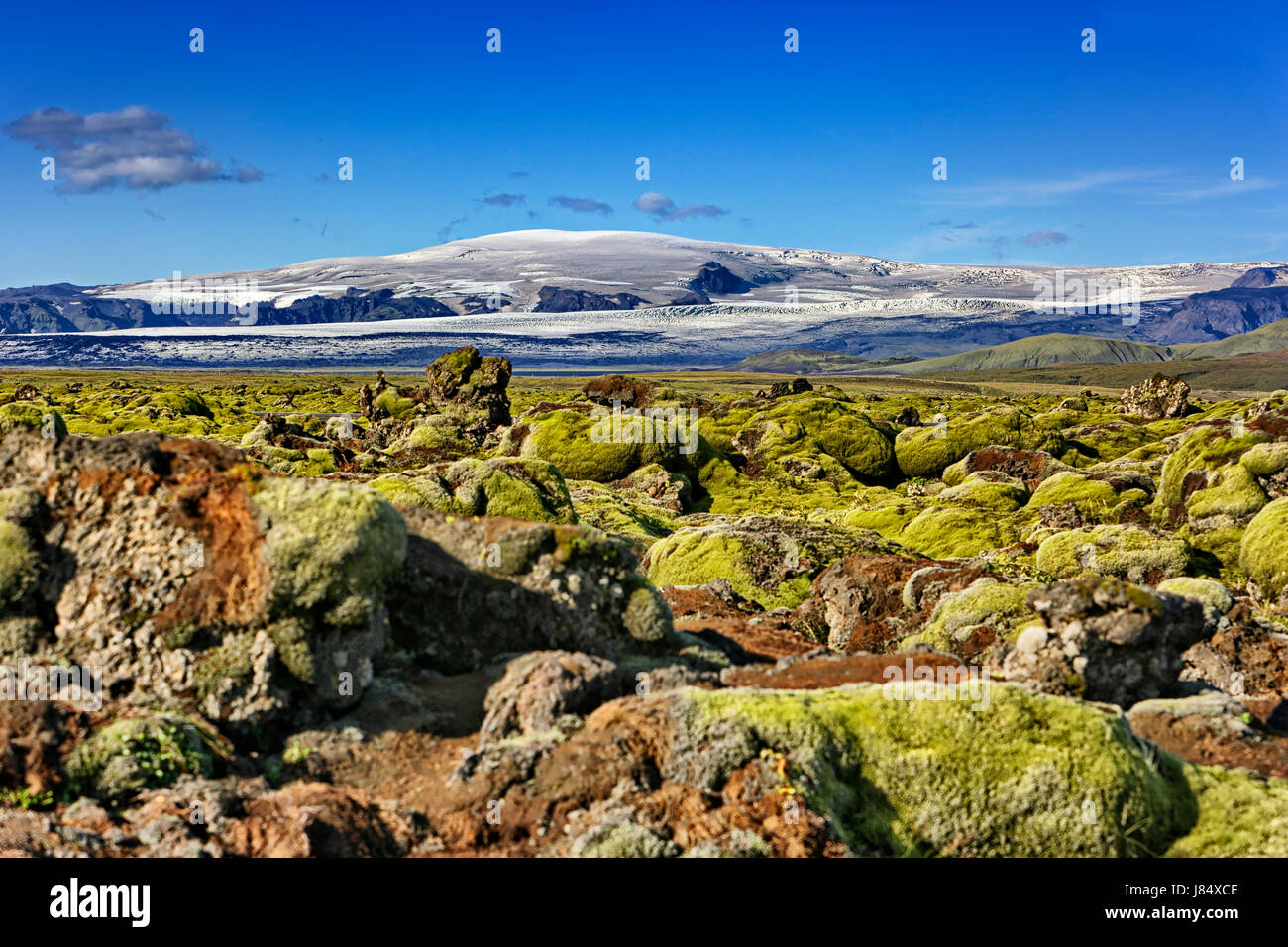 Moss-coperto campo di lava Laufskálavarða, sul retro vulcano Katla, Kirkjubaejarklaustur, Suðurland, Isola Foto Stock