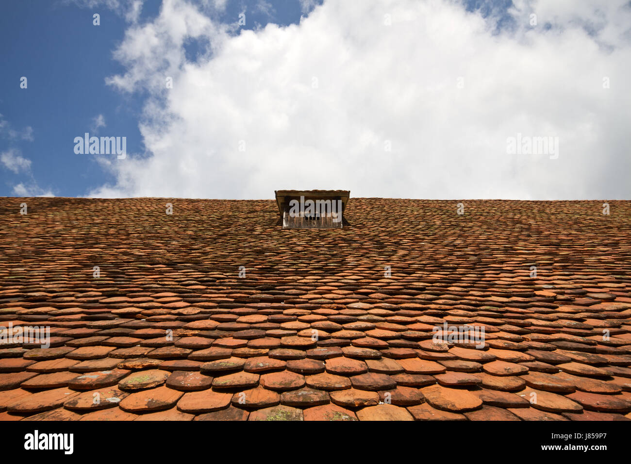 Il vecchio tetto di tegole con lucernario Foto Stock