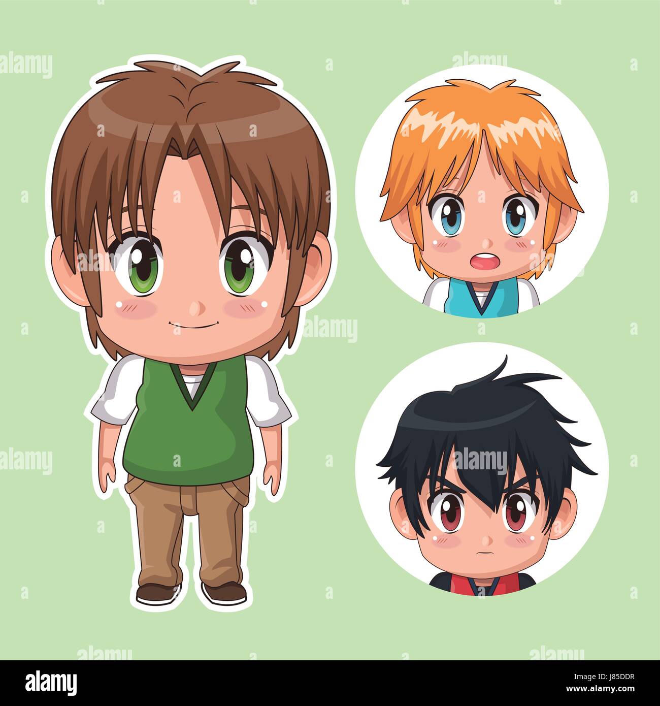 Colore Verde Impostare Carino Tennagers Anime Con Le Espressioni Del Viso Immagine E Vettoriale Alamy