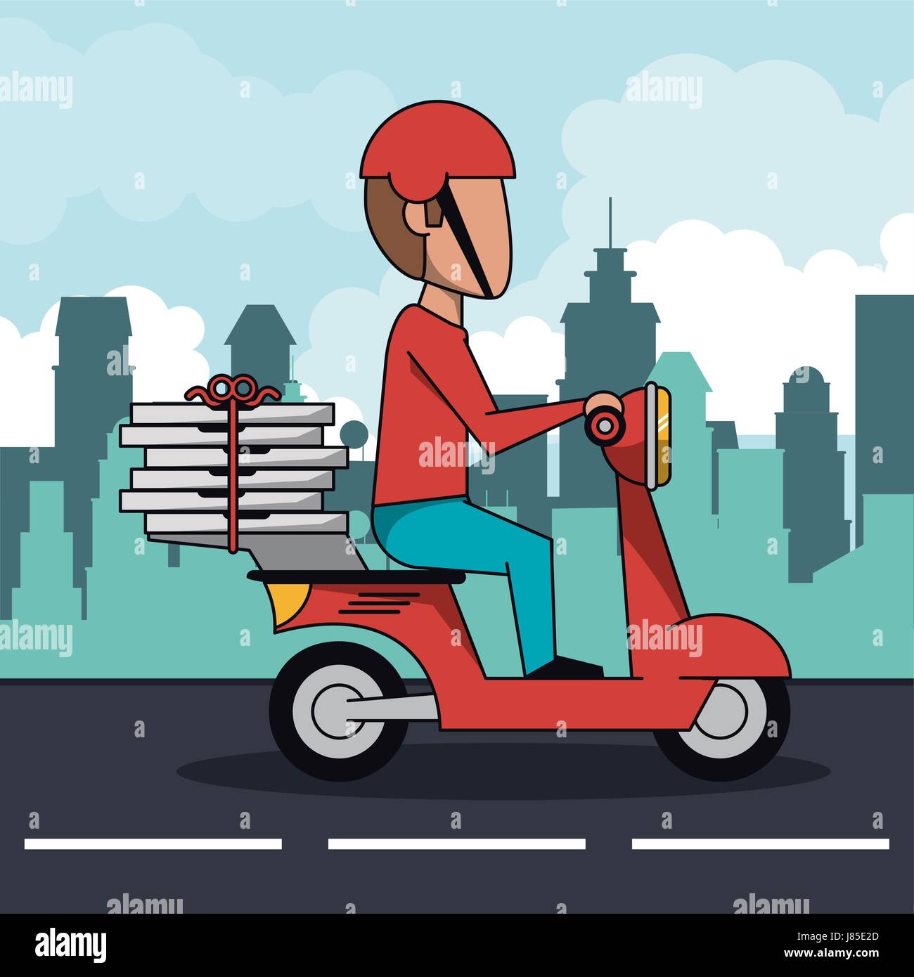 Poster paesaggio cittadino con fast pizza consegna uomo in rosso scooter Illustrazione Vettoriale