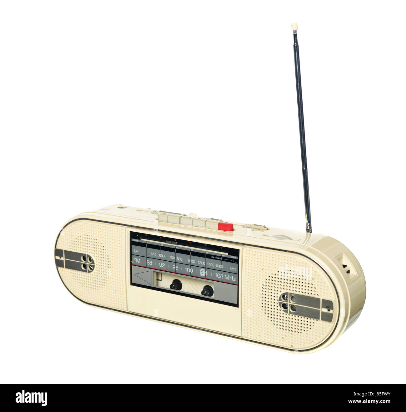 Musica suono isolato antenna altoparlante radio equipaggiamento audio bianco boom box degli anni ottanta Foto Stock