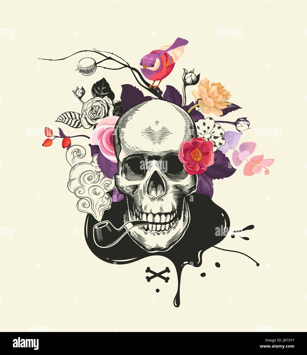 Cranio umano disegnato in stile di attacco con tubo di fumo in bocca contro il bouquet di semi-colorate di rose, attraversate le ossa e la macchia di inchiostro sul fondo. Illustrazione Vettoriale per banner, poster, t-shirt print Illustrazione Vettoriale