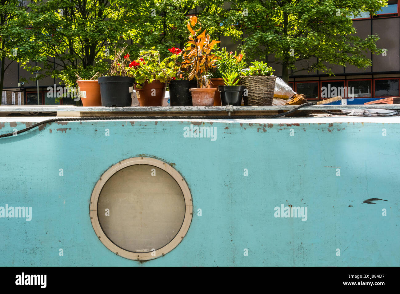Vasi di fiori su una piccola barca sul London Regent's Canal Foto Stock