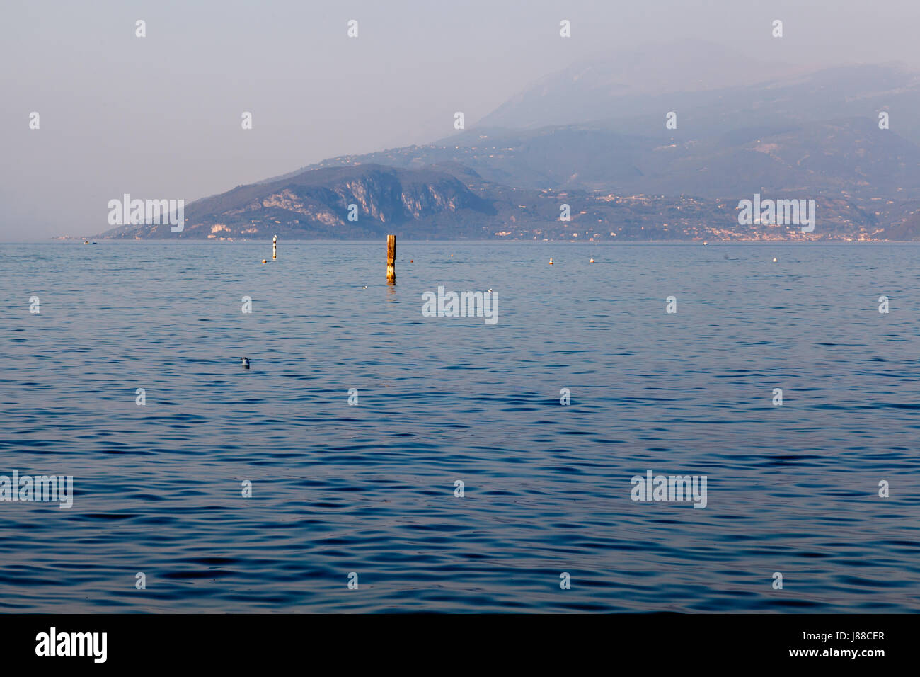 Il lago di Garda vicino alla città di Sirmione in serata, Lombardia, Italia Foto Stock