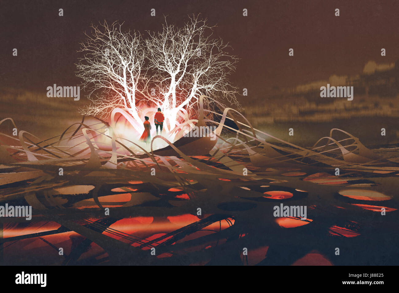 Il giovane in piedi di fronte ad alberi luminosi nel paesaggio abstact con arte digitale stile, illustrazione pittura Foto Stock