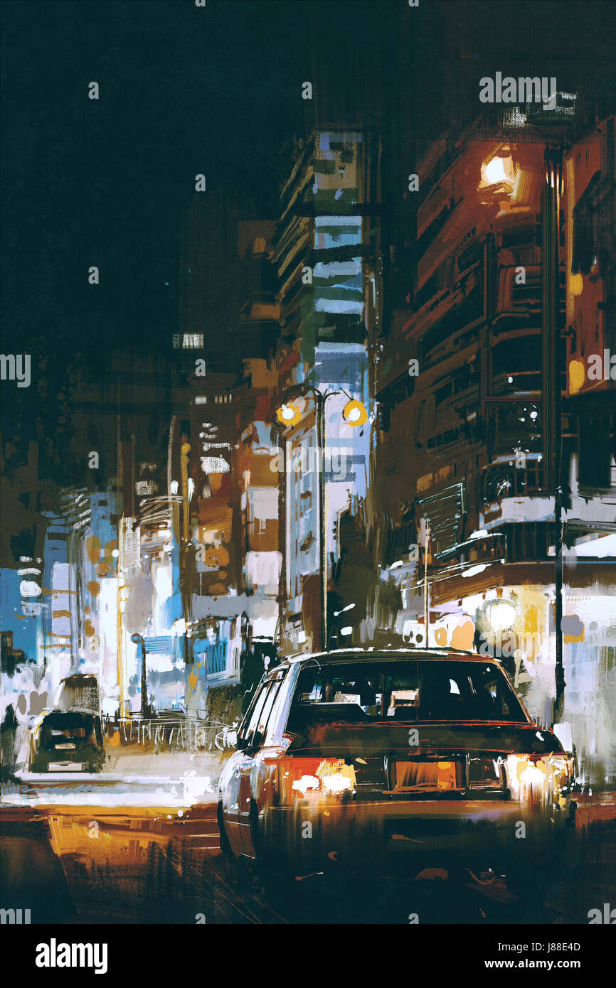 Arte digitale delle vetture in città strada di notte con luci colorate, illustrazione pittura Foto Stock