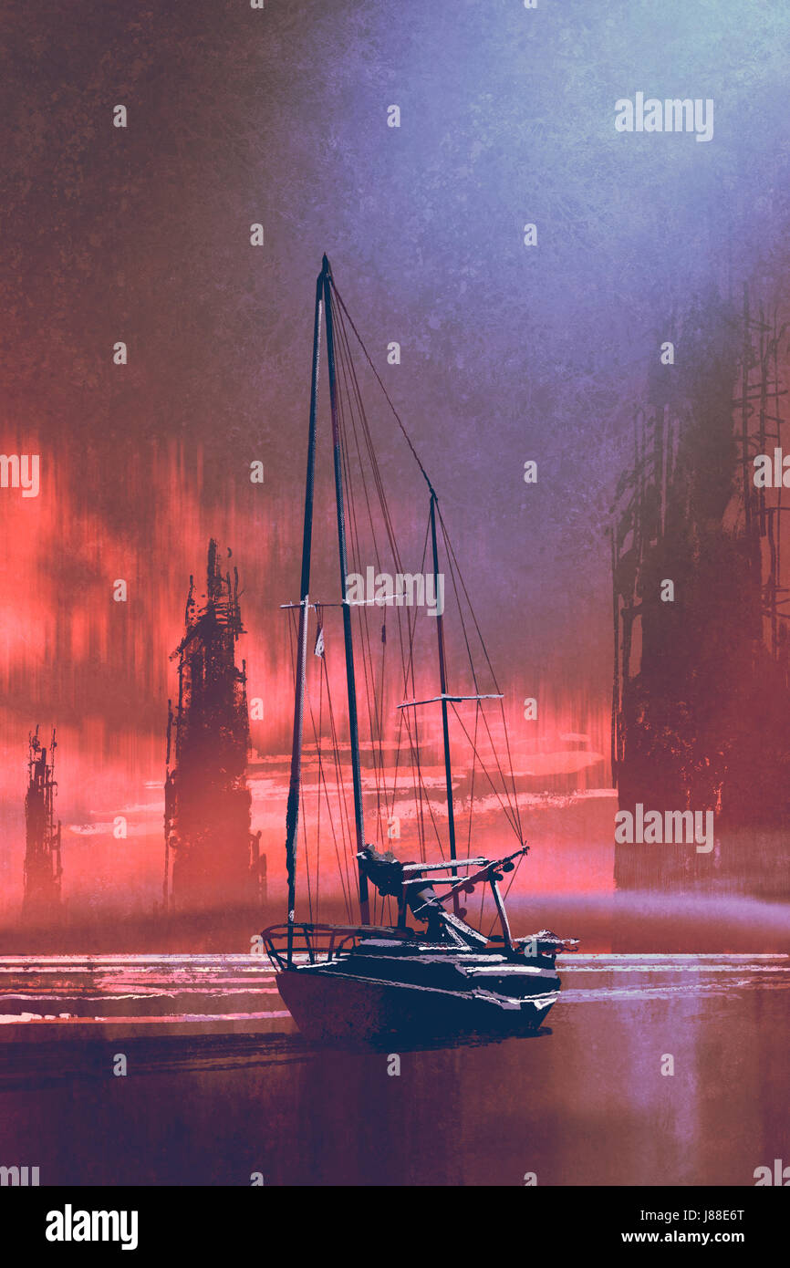 Imbarcazione a vela sulla spiaggia contro edifici abbandonati in mare al tramonto con arte digitale stile, illustrazione pittura Foto Stock