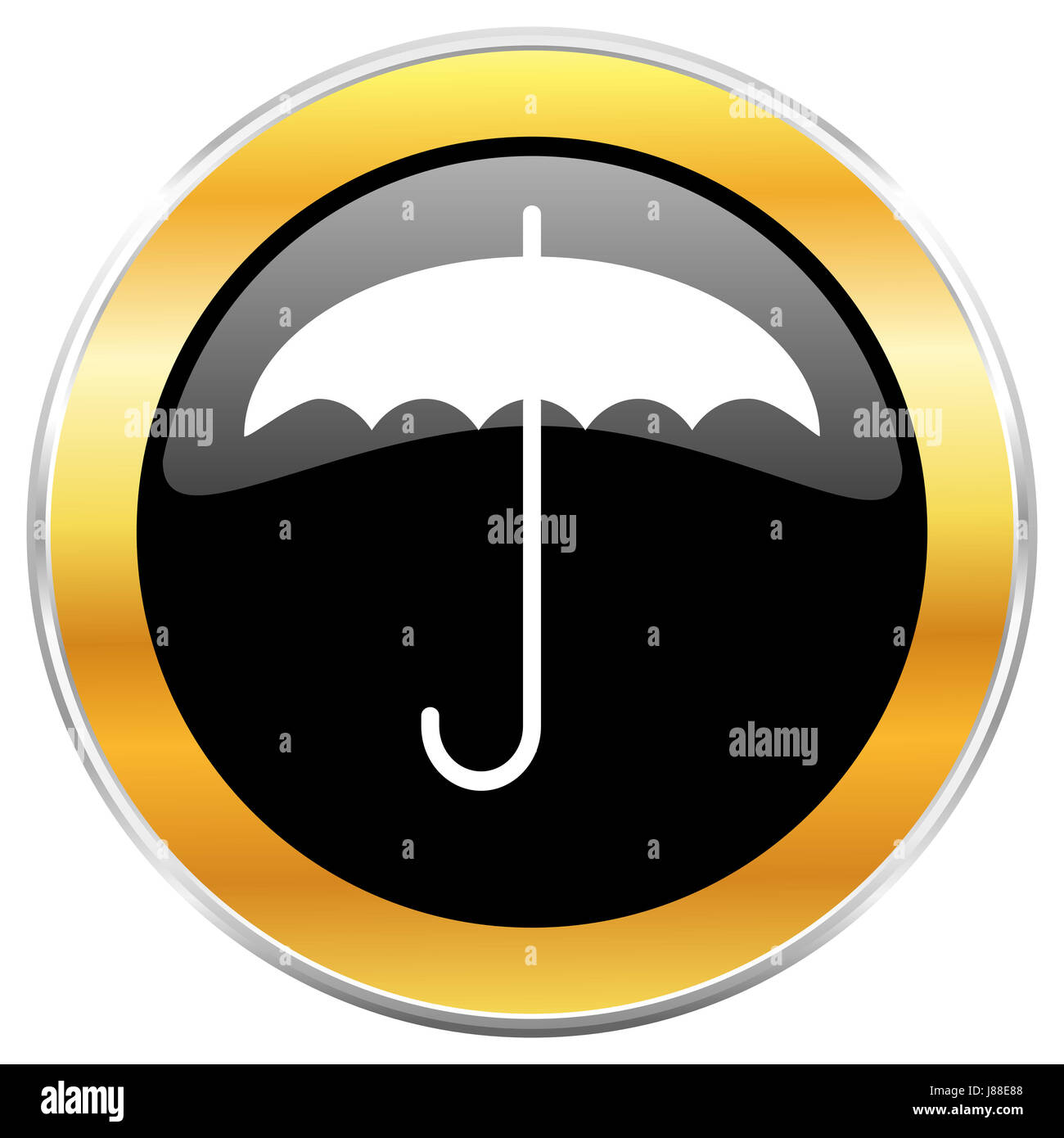 Ombrello nero icona web con bordo dorato isolati su sfondo bianco. Round pulsante lucida. Foto Stock