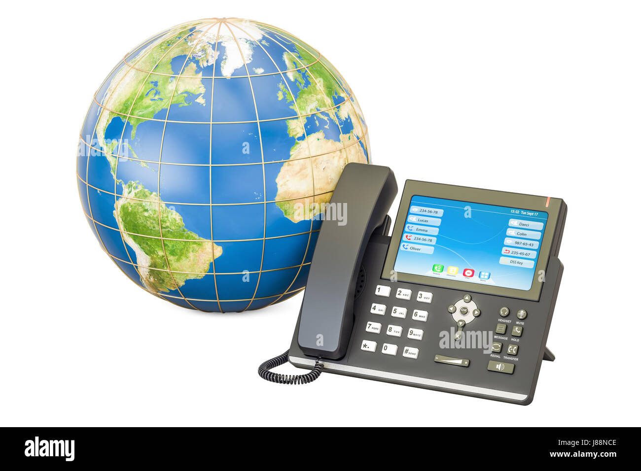 Comunicazione globale del concetto. Telefono IP con globo terrestre, rendering 3D isolati su sfondo bianco Foto Stock