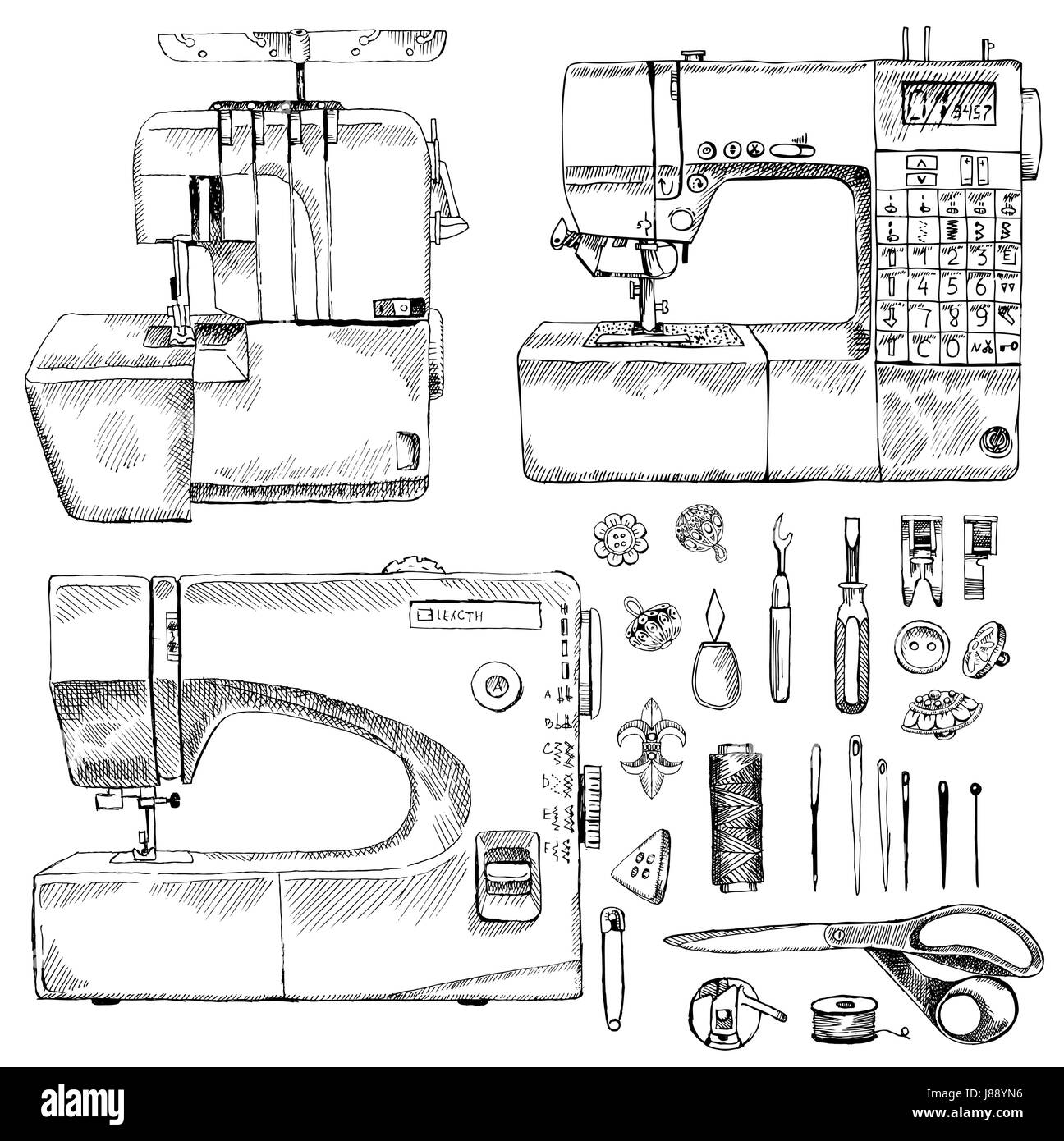Sartoria disegnati a mano Set di apparecchiature con macchina di cucitura Illustrazione Vettoriale