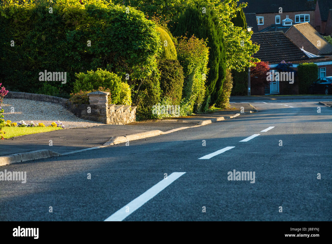 Suburban street al crepuscolo. Inclinazione verso il basso. La segnaletica stradale orizzontale. Shropshire, Inghilterra, Regno Unito. Foto Stock
