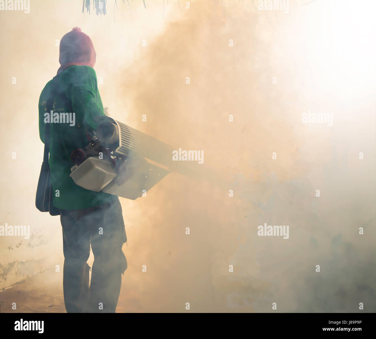 Uomo di appannamento di lavoro per eliminare zanzara per prevenire la diffusione della dengue in Thailandia. Foto Stock