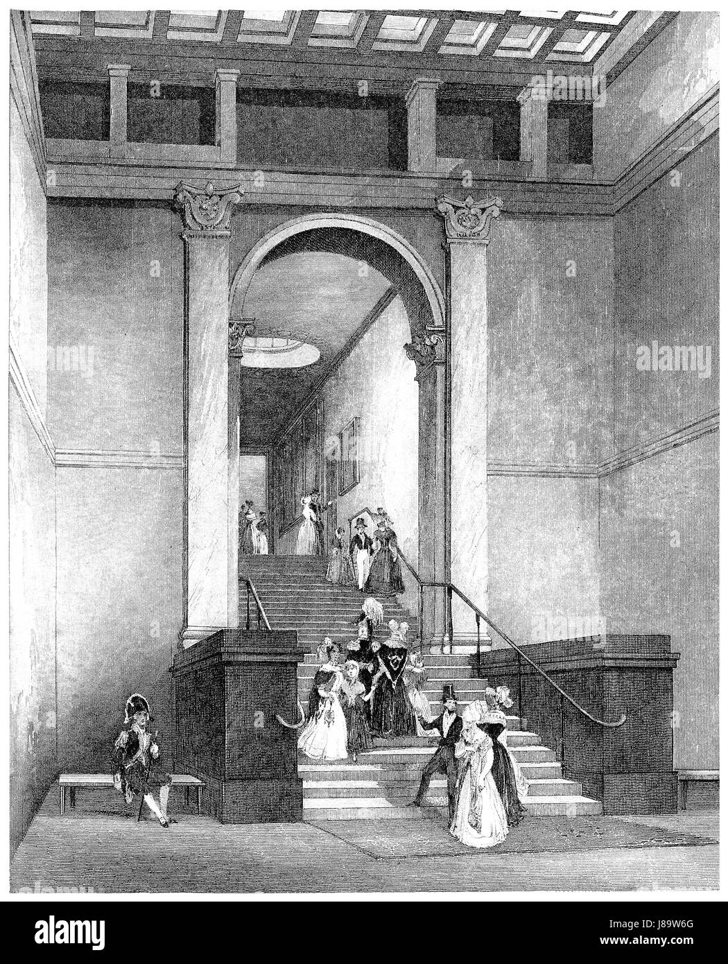 Incisione in stile vittoriano all ingresso della National Gallery di Londra. Dal libro Londra interni, pubblicato da Giuseppe Mead nel 1840s. Foto Stock