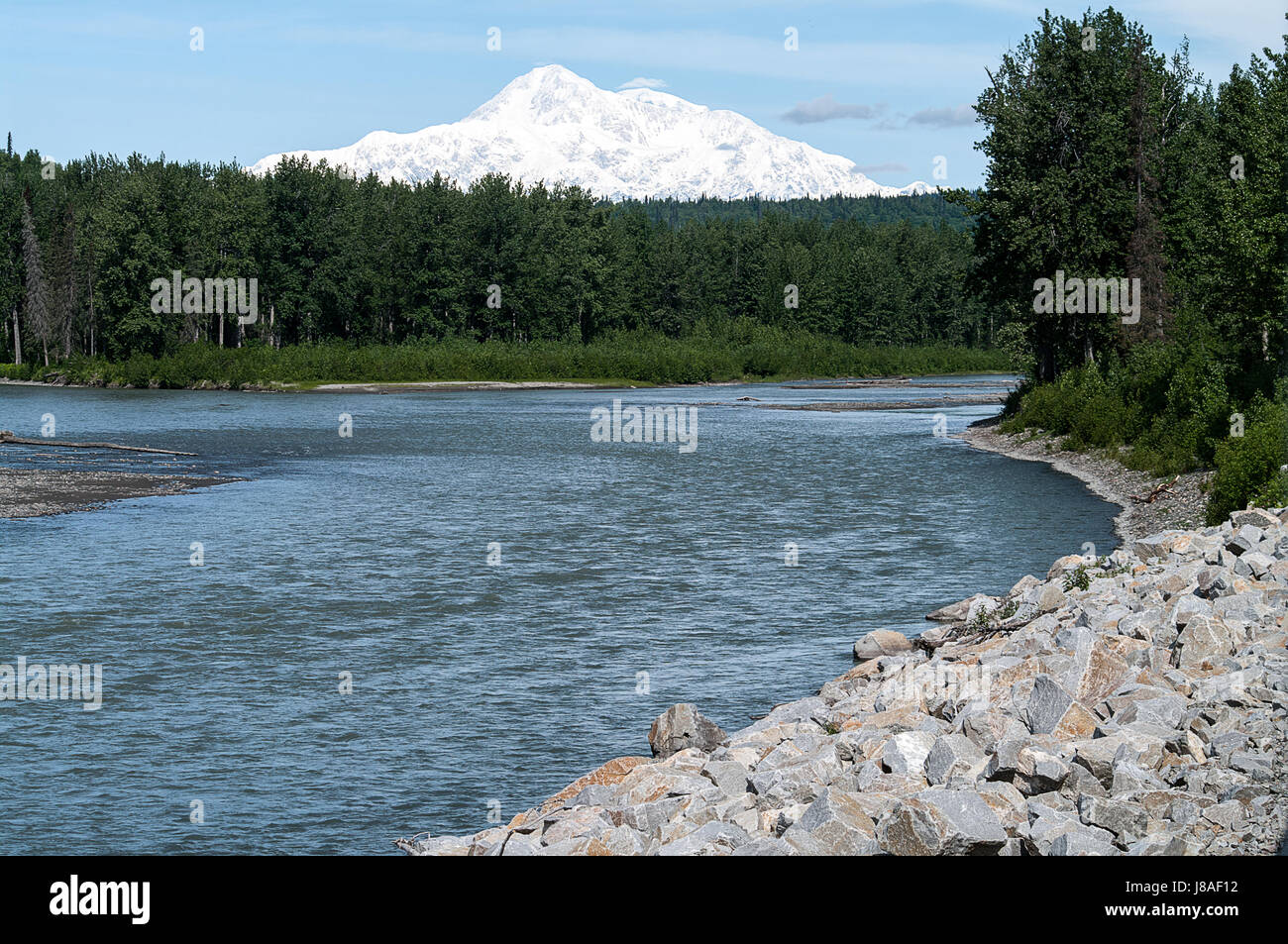 Mt. Denali e il fiume Talkeetna dall'Alaskan Railline guardando a nord Foto Stock