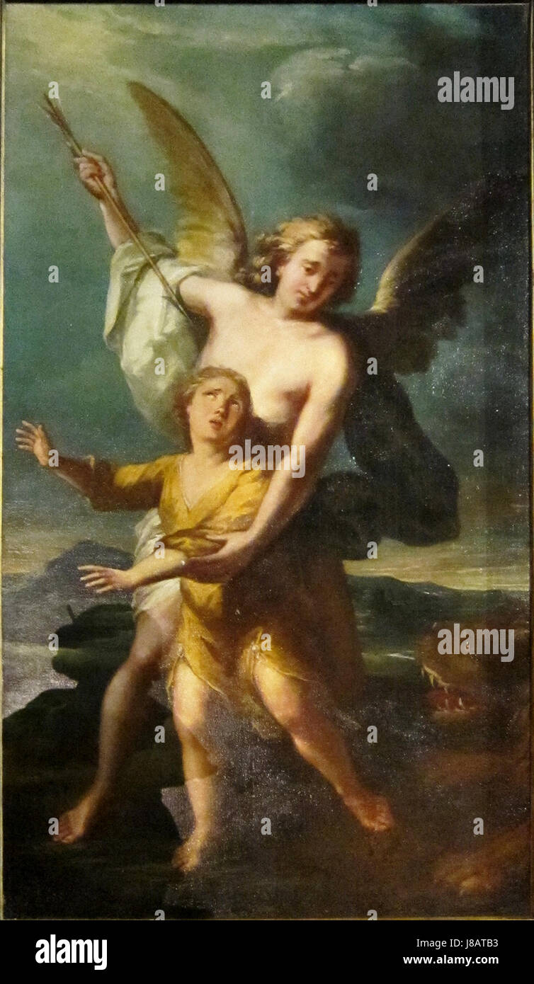 Questa raffigurazione presenta una vista della Chiesa di San Maurizio a Lille, in Francia, che mostra la statua dell'angelo custode, un significativo simbolo religioso all'interno dell'architettura e dell'arte della chiesa. Foto Stock