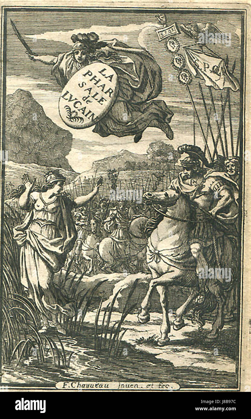 "Lucan Pharsalia French Edition 1657" è una traduzione francese di "Pharsalia" del poeta romano Lucan, pubblicata nel 1657, raffigurante la guerra civile tra Giulio Cesare e Pompeo il grande. Foto Stock