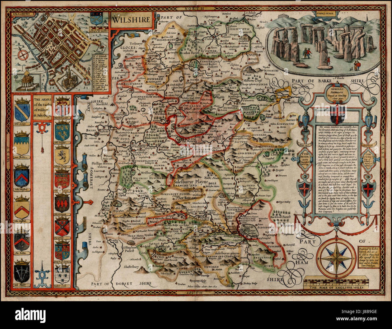 Questa opera storica di John Speed fornisce una mappa dettagliata del Wiltshire, che mostra la sua disposizione geografica e le caratteristiche significative dell'inizio del XVII secolo. Foto Stock