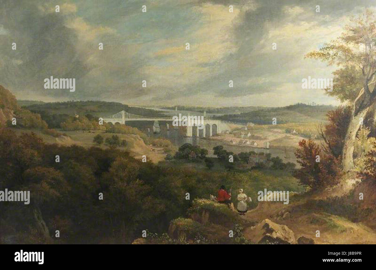 Il Menai Suspension Bridge, progettato da Thomas Telford, è un importante punto di riferimento ingegneristico che collega l'isola di Anglesey al Galles continentale. Il dipinto di Robert Ladbrooke cattura la sua grandezza architettonica. Foto Stock