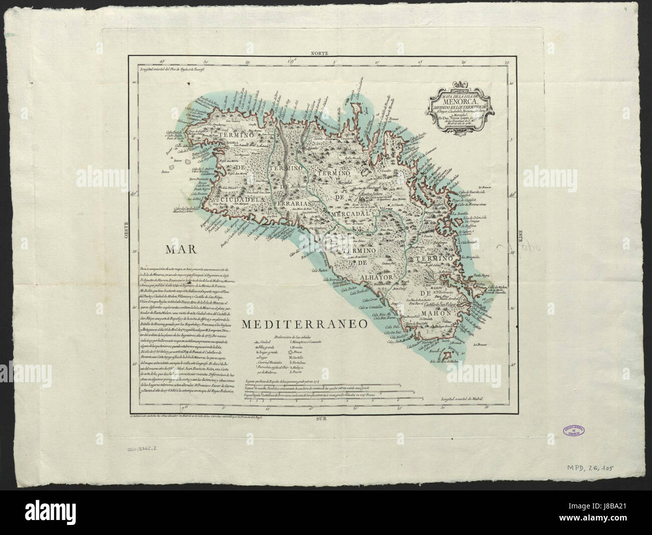Questa mappa illustra l'isola di Minorca, situata nel Mar Mediterraneo. Prodotto nel 1780, offre una visione storica delle caratteristiche geografiche e delle divisioni territoriali dell'isola. Foto Stock