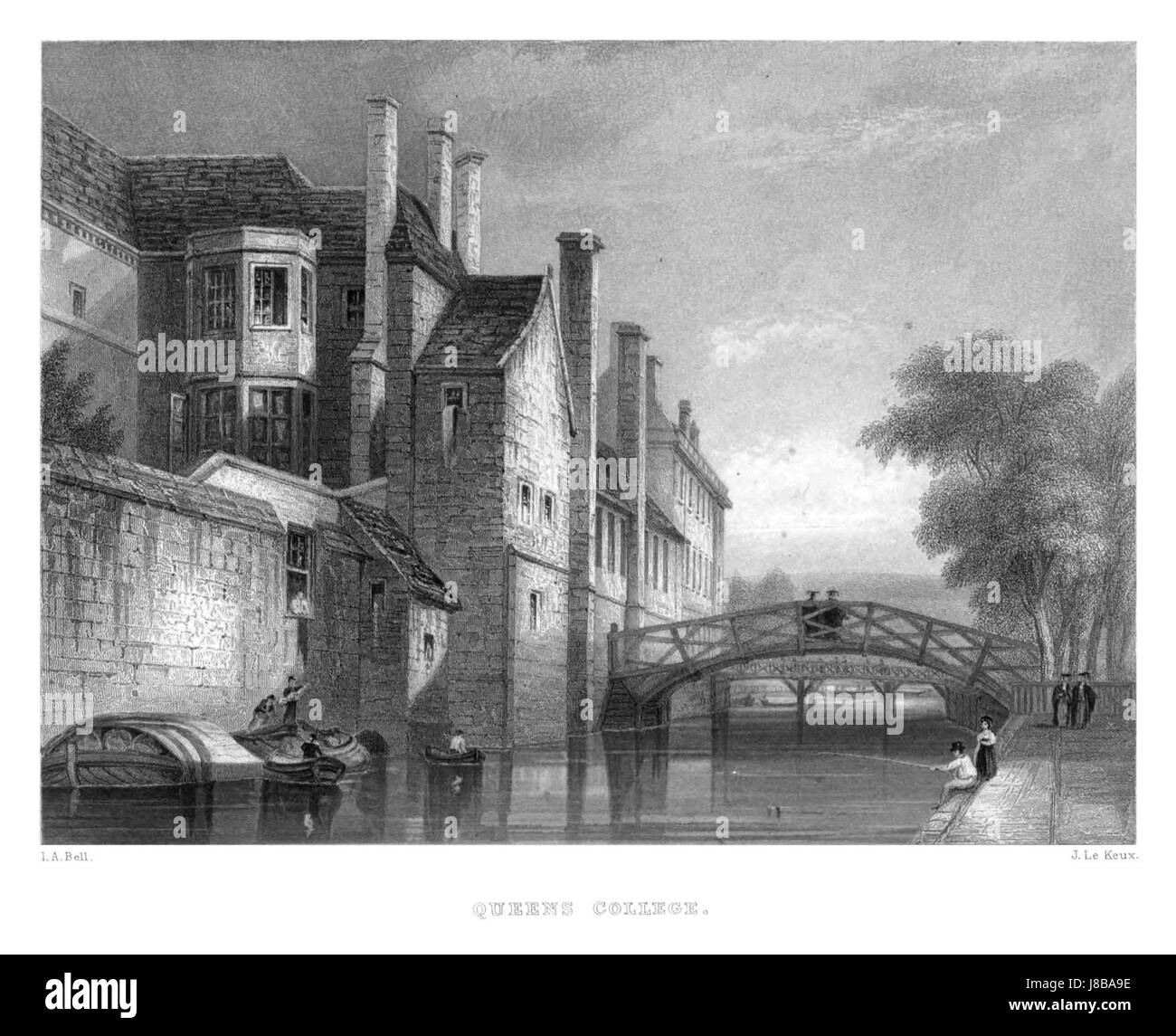 Questa incisione del 1840 di LeKeux raffigura il famoso Ponte matematico di Cambridge, una struttura in legno nota per il suo design e la costruzione unici. L'opera d'arte mette in risalto l'ingegno ingegneristico del tempo e il simbolo dell'Università di Cambridge. Foto Stock